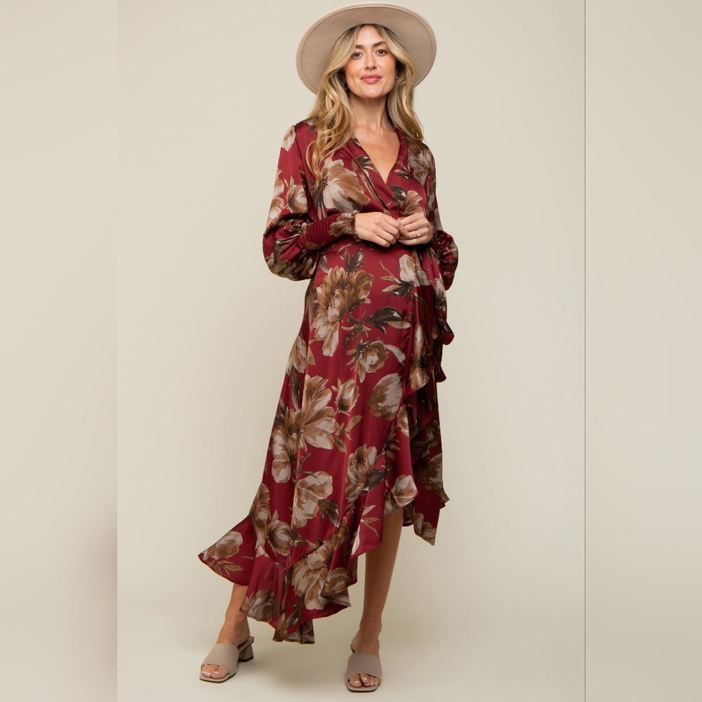 Pinkblush Burgundy Satin Asymmetrical Flounce Trim Maternity Dress